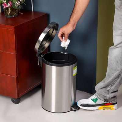 Royalford 12 liter Stainless Steel Pedal Dustbin- RF12091/ Step On Pedals, Iron Handle, Plastic Base, for Waste Disposal, with Removable Inner Bucket/ Trash Can for Home, Office, Bathroom, School, Restaurant/ Slow Closing Lid and Hands Free Opening/ Silver