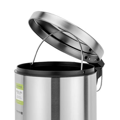 Royalford 12 liter Stainless Steel Pedal Dustbin- RF12091/ Step On Pedals, Iron Handle, Plastic Base, for Waste Disposal, with Removable Inner Bucket/ Trash Can for Home, Office, Bathroom, School, Restaurant/ Slow Closing Lid and Hands Free Opening/ Silver