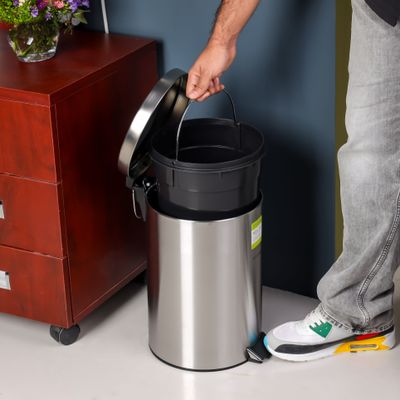 Royalford 12 liter Stainless Steel Pedal Dustbin- RF12091/ Step On Pedals, Iron Handle, Plastic Base, for Waste Disposal, with Removable Inner Bucket/ Trash Can for Home, Office, Bathroom, School, Restaurant/ Slow Closing Lid and Hands Free Opening/ Silver