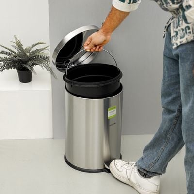 Royalford 20 liter Pedal Dustbin- RF12092/ Step On, Steel Pedals, Iron Handle, Plastic Base, for Waste Disposal, with Removable Inner bucket/ Trash Can for Home, Office, Bathroom, School, Restaurant/ Stainless Steel Bin, Slow Closing Lid and Hands Free Opening/ Silver