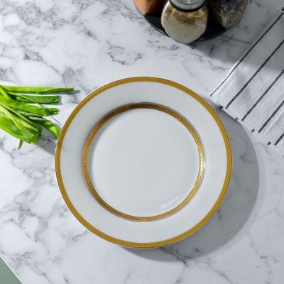 Royalford Premium New Bone Plates, 9" Soup Plate, RF11052 | Round Shape Plate with Elegant Golden Border | Ideal for Soup, Desserts, Ice Cream, Dinner, Lunch, Breakfast, Parties & More