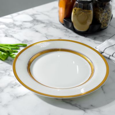 Royalford Premium New Bone Plates, 9" Soup Plate, RF11052 | Round Shape Plate with Elegant Golden Border | Ideal for Soup, Desserts, Ice Cream, Dinner, Lunch, Breakfast, Parties & More