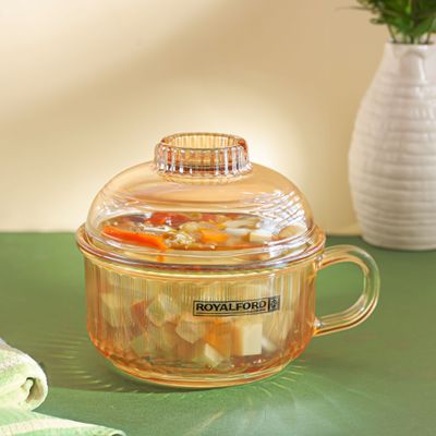 Royalford Glass Bowl with Lid-RF12213/ Sodalime Pot with Side Handle, Mug Design, Perfect for Preparing and Serving Cold and Hot Food, Pasta, Noodles, Cereals, Smoothies, etc./ Clear