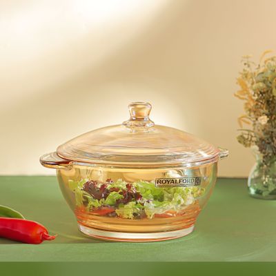 Royalford Round Glass Bowl with Lid-RF12212/ Borosilicate Pot with Side Handles, Perfect for Preparing and Serving Cold and Hot Food, Pasta, Noodles, Cereals, Smoothies, etc./ Clear