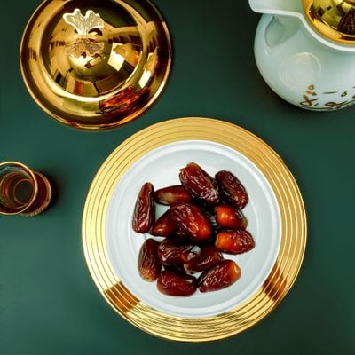 Royalford 8" Date Bowl with Lid- RF12343/Perfect for Serving Dates, Dried Nuts, Candies, Etc./ Versatile and Strong with Elegant Golden-Finish Knob and Base, Ceramic Bowl/ Dishwasher and Freezer Safe