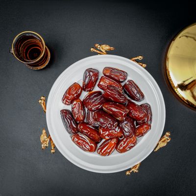 Royalford 8" Date Bowl with Lid- RF12338/Perfect for Serving Dates, Dried Nuts, Candies, Etc./ Versatile and Strong with Elegant Golden-Finish Knob and Base, Ceramic Bowl/ Dishwasher and Freezer Safe