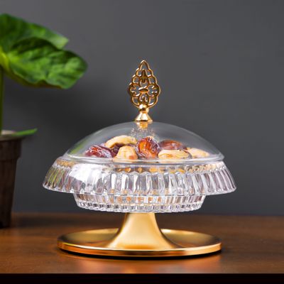 Royalford Date Bowl with Lid- RF12337/Perfect for Serving Dates, Dried Nuts, Candies, Etc./ Versatile and Strong with Elegant Golden-Finish Knob and Base, Acrylic Bowl/ Dishwasher and Freezer Safe