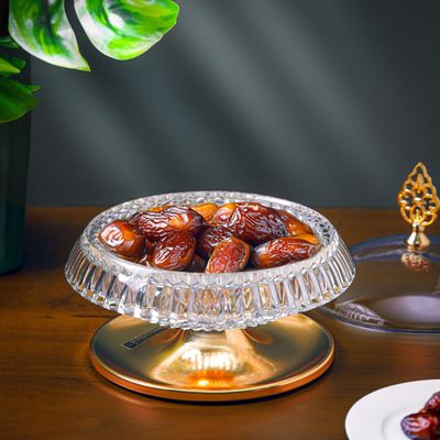 Royalford Date Bowl with Lid- RF12337/Perfect for Serving Dates, Dried Nuts, Candies, Etc./ Versatile and Strong with Elegant Golden-Finish Knob and Base, Acrylic Bowl/ Dishwasher and Freezer Safe