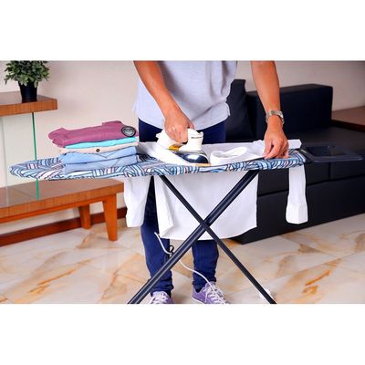 Royalford RF8523 Ironing Board with Steam Iron Rest | Steel | 110 x 34 cm | Heat Resistant | Contemporary Lightweight Iron Board with Adjustable Height and Lock System (Blue & White)