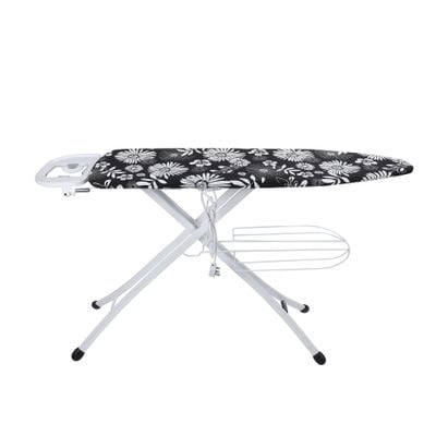 Royalford Mesh Ironing Board- RF1967IB| Heat Resistant Cotton Cover with Foam Pads and Adjustable Height Mechanism| Foldable and Easy to Store| Non-Slip Legs, Iron Rest and an Attached Cloth Rack| 122x38 CM| White and Blue