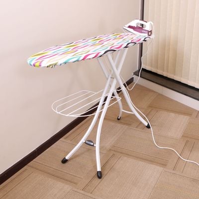 Royalford Mesh Ironing Board- RF1967IB| Heat Resistant Cotton Cover with Foam Pads and Adjustable Height Mechanism| Foldable and Easy to Store| Non-Slip Legs, Iron Rest and an Attached Cloth Rack| 122x38 CM| White and Blue