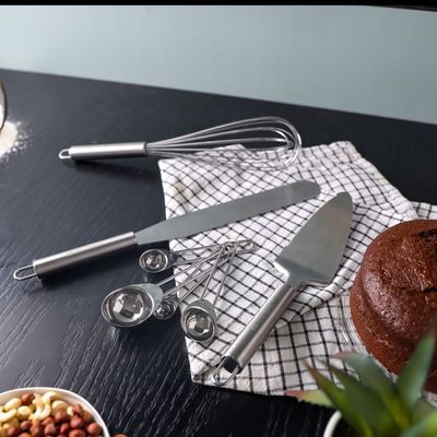 Royalford Pack of 4 Baking Tools Set- RF12320/ Stainless Steel Kitchen Tools, Includes Scraper, Whisk, Shovel and Measuring Spoons/ Perfect for Cooking, Baking, Decorating Cakes, Cookies, Pies, Whisking Eggs, Etc. / Strong, Sturdy and Durable Construction, Dishwasher Safe/ Silver