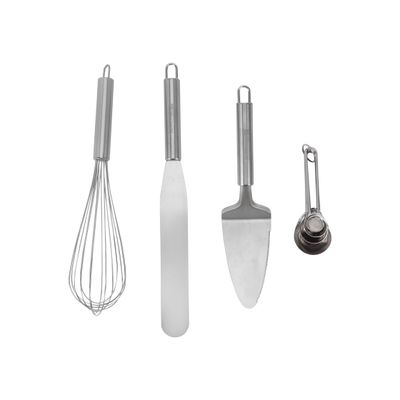 Royalford Pack of 4 Baking Tools Set- RF12320/ Stainless Steel Kitchen Tools, Includes Scraper, Whisk, Shovel and Measuring Spoons/ Perfect for Cooking, Baking, Decorating Cakes, Cookies, Pies, Whisking Eggs, Etc. / Strong, Sturdy and Durable Construction, Dishwasher Safe/ Silver