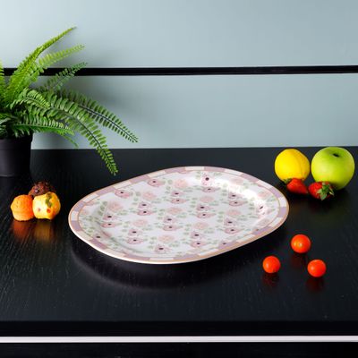 Royalford 14" Melamineware Serving Plate- RF11783| High-Quality Food Safe Melamineware with Elegant Floral Design, Rectangular-Shaped| Perfect for Serving Rice, Noodles, Pasta, Salad| Lightweight and Premium-Quality Dinnerware| Dishwasher-Safe and Chip-Resistant| White and Pink