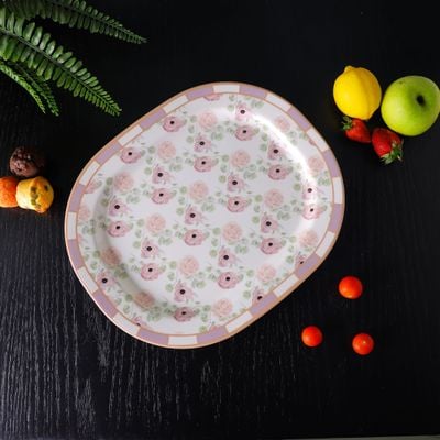 Royalford 14" Melamineware Serving Plate- RF11783| High-Quality Food Safe Melamineware with Elegant Floral Design, Rectangular-Shaped| Perfect for Serving Rice, Noodles, Pasta, Salad| Lightweight and Premium-Quality Dinnerware| Dishwasher-Safe and Chip-Resistant| White and Pink