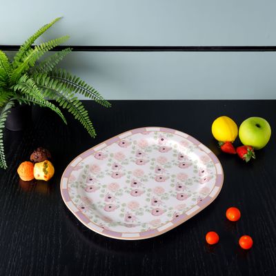 Royalford 14" Melamineware Serving Plate- RF11783| High-Quality Food Safe Melamineware with Elegant Floral Design, Rectangular-Shaped| Perfect for Serving Rice, Noodles, Pasta, Salad| Lightweight and Premium-Quality Dinnerware| Dishwasher-Safe and Chip-Resistant| White and Pink