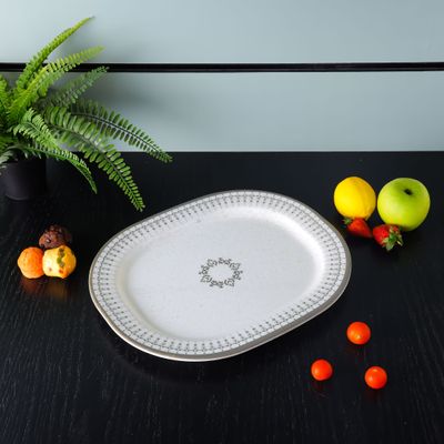 Royalford 14" Melamineware Serving Plate- RF11815| High-Quality Food Safe Melamineware with Elegant Grey Design, Rectangular-Shaped| Perfect for Serving Rice, Noodles, Pasta, Salad| Lightweight and Premium-Quality Dinnerware| Dishwasher-Safe and Chip-Resistant| White and Grey