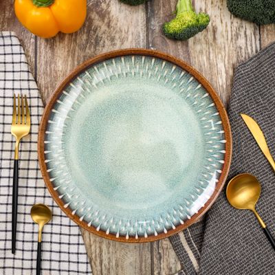 Royalford 8.5" Fine Stone Melamineware Flat Plate- RF12383/ Elegant Color, Perfect for Entrees, Pasta, Salads, Desserts, Sandwiches, Steaks, Main Course Meals/ Lightweight Flatware, Serveware, Dishwasher-Safe and Microwave Safe / Brown and blue