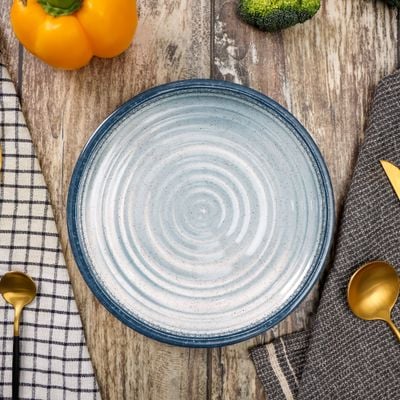 Royalford 8.5" Fine Stone Melamineware Flat Plate- RF12373/ Elegant Color, Perfect for Entrees, Pasta, Salads, Desserts, Sandwiches, Steaks, Main Course Meals/ Lightweight Flatware, Serveware, Dishwasher-Safe and Microwave Safe / Blue and white