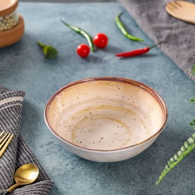 Royalford 6.4" Fine Stone Melamineware Serving Bowl- RF12380/White Bowl with Elegant Brown Print, Non-Toxic and Hygienic/ Food-Grade Material, Dishwasher Safe/ Perfect for Serving Appetizer, Snack, Dessert, Sushi, Salad, Pasta, Fish, Rice, etc.