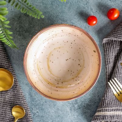 Royalford 6.4" Fine Stone Melamineware Serving Bowl- RF12380/White Bowl with Elegant Brown Print, Non-Toxic and Hygienic/ Food-Grade Material, Dishwasher Safe/ Perfect for Serving Appetizer, Snack, Dessert, Sushi, Salad, Pasta, Fish, Rice, etc.