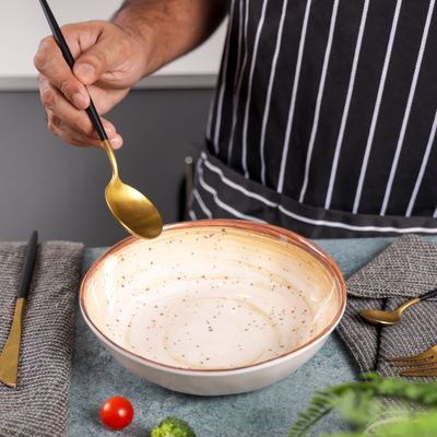 Royalford 7.5" Fine Stone Melamineware Serving Bowl- RF12379/White Bowl with Elegant Brown Print, Non-Toxic and Hygienic/ Food-Grade Material, Dishwasher Safe/ Perfect for Serving Appetizer, Snack, Dessert, Sushi, Salad, Pasta, Fish, Rice, etc.