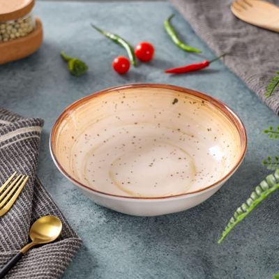 Royalford 7.5" Fine Stone Melamineware Serving Bowl- RF12379/White Bowl with Elegant Brown Print, Non-Toxic and Hygienic/ Food-Grade Material, Dishwasher Safe/ Perfect for Serving Appetizer, Snack, Dessert, Sushi, Salad, Pasta, Fish, Rice, etc.