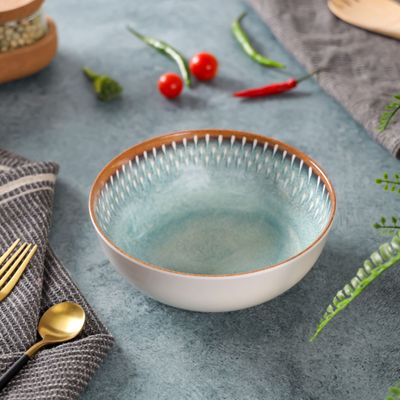 Royalford 6.0" Fine Stone Melamineware Serving Bowl- RF12385/White Bowl with Elegant Brown and blue Print, Non-Toxic and Hygienic/ Food-Grade Material, Dishwasher Safe/ Perfect for Serving Appetizer, Snack, Dessert, Sushi, Salad, Pasta, Fish, Rice, etc.