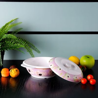 Royalford Melamineware Bowl with Lid- RF11778| Premium-Quality Melamineware, Light-Weight and Food-Grade Bowl with Elegant Floral Print| Perfect for Serving Soups, Salads, Curry| Dishwasher-Safe and Chip-Resistant| White and Pink