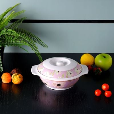 Royalford Melamineware Bowl with Lid- RF11778| Premium-Quality Melamineware, Light-Weight and Food-Grade Bowl with Elegant Floral Print| Perfect for Serving Soups, Salads, Curry| Dishwasher-Safe and Chip-Resistant| White and Pink