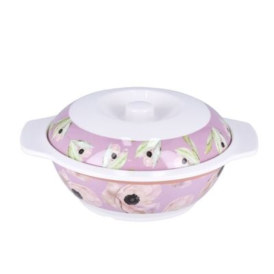 Royalford Melamineware Bowl with Lid- RF11778| Premium-Quality Melamineware, Light-Weight and Food-Grade Bowl with Elegant Floral Print| Perfect for Serving Soups, Salads, Curry| Dishwasher-Safe and Chip-Resistant| White and Pink