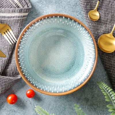 Royalford 7.5" Fine Stone Melamineware Serving Bowl- RF12384/White Bowl with Elegant Brown and blue Print, Non-Toxic and Hygienic/ Food-Grade Material, Dishwasher Safe/ Perfect for Serving Appetizer, Snack, Dessert, Sushi, Salad, Pasta, Fish, Rice, etc.