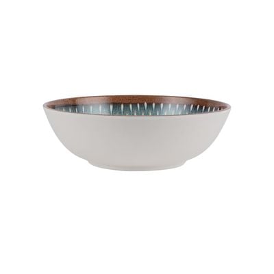 Royalford 7.5" Fine Stone Melamineware Serving Bowl- RF12384/White Bowl with Elegant Brown and blue Print, Non-Toxic and Hygienic/ Food-Grade Material, Dishwasher Safe/ Perfect for Serving Appetizer, Snack, Dessert, Sushi, Salad, Pasta, Fish, Rice, etc.