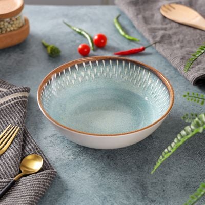 Royalford 7.5" Fine Stone Melamineware Serving Bowl- RF12384/White Bowl with Elegant Brown and blue Print, Non-Toxic and Hygienic/ Food-Grade Material, Dishwasher Safe/ Perfect for Serving Appetizer, Snack, Dessert, Sushi, Salad, Pasta, Fish, Rice, etc.