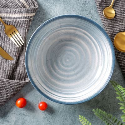 Royalford 8.0" Fine Stone Melamineware Serving Bowl- RF12374/White Bowl with Elegant Blue Print, Non-Toxic and Hygienic/ Food-Grade Material, Dishwasher Safe/ Perfect for Serving Appetizer, Snack, Dessert, Sushi, Salad, Pasta, Fish, Rice, etc.