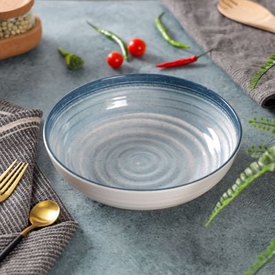 Royalford 8.0" Fine Stone Melamineware Serving Bowl- RF12374/White Bowl with Elegant Blue Print, Non-Toxic and Hygienic/ Food-Grade Material, Dishwasher Safe/ Perfect for Serving Appetizer, Snack, Dessert, Sushi, Salad, Pasta, Fish, Rice, etc.