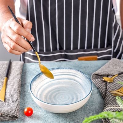 Royalford 5.9" Fine Stone Melamineware Serving Bowl- RF12375/White Bowl with Elegant Blue Print, Non-Toxic and Hygienic/ Food-Grade Material, Dishwasher Safe/ Perfect for Serving Appetizer, Snack, Dessert, Sushi, Salad, Pasta, Fish, Rice, etc.