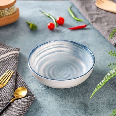 Royalford 5.9" Fine Stone Melamineware Serving Bowl- RF12375/White Bowl with Elegant Blue Print, Non-Toxic and Hygienic/ Food-Grade Material, Dishwasher Safe/ Perfect for Serving Appetizer, Snack, Dessert, Sushi, Salad, Pasta, Fish, Rice, etc.