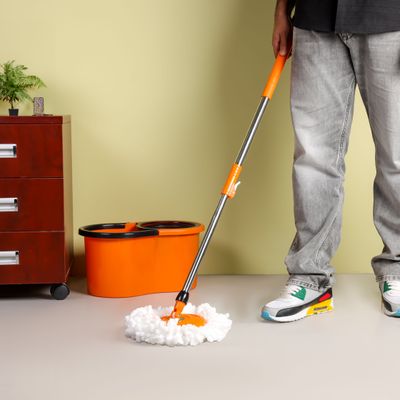 Royalford Royalbright 13 L Modern Spin Easy Mop- RF12420/ 360-Degree Rotating Mop Head, 110 cm Handle and 100% Micro Fiber/ No Spill and Damage to Floor, Perfect for Home, Office, Hospitals/ Black and Orange