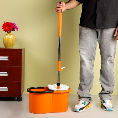 Royalford Royalbright 13 L Modern Spin Easy Mop- RF12420/ 360-Degree Rotating Mop Head, 110 cm Handle and 100% Micro Fiber/ No Spill and Damage to Floor, Perfect for Home, Office, Hospitals/ Black and Orange