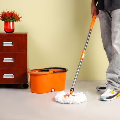 Royalford Royalbright 13 L Modern Spin Easy Mop- RF12421/ 360-Degree Rotating Mop Head, 110 cm Handle and 100% Micro Fiber/ No Spill and Damage to Floor, Perfect for Home, Office, Hospitals/ Black and Orange