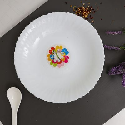 9.5" Opal Ware Spin Soup Plate Soup Plates Pasta Plates | plate with playful Classic decoration | Ideal for Soup, Desserts, Ice Cream & More (White)