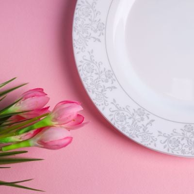 Royalford Velvett Collection 8" Area Grey Quarter Plate- RF11747| Premium-Quality Opalware, Light-Weight and Food-Grade Plate with Elegant Floral Design| Perfect for Serving and Eating Food| Dishwasher-Safe and Freezer-Safe| White and Grey