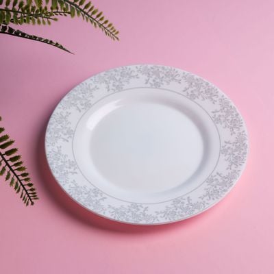 Royalford Velvett Collection 8" Area Grey Quarter Plate- RF11747| Premium-Quality Opalware, Light-Weight and Food-Grade Plate with Elegant Floral Design| Perfect for Serving and Eating Food| Dishwasher-Safe and Freezer-Safe| White and Grey