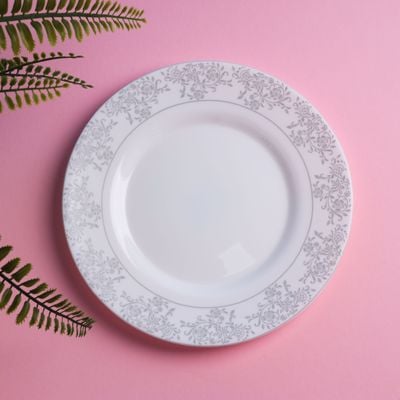 Royalford Velvett Collection 8" Area Grey Quarter Plate- RF11747| Premium-Quality Opalware, Light-Weight and Food-Grade Plate with Elegant Floral Design| Perfect for Serving and Eating Food| Dishwasher-Safe and Freezer-Safe| White and Grey