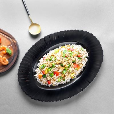 Royalford 13" Opalware Oval Plate- RF11900/ Black-Wave Series, Elegant Color/ Perfect for Serving Rice, Noodles, Pasta, Salad/ Lightweight Dinnerware, Serveware, Dishwasher-Safe and Microwave Safe / Black