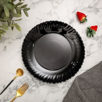 Royalford 7.5" Opalware Flat Plate- RF11902/ Black-Wave Series, Elegant Color/ Perfect for Entrees, Pasta, Salads, Desserts, Sandwiches, Steaks, Main Course Meals/ Lightweight Flatware, Serveware, Dishwasher-Safe and Microwave Safe / Black