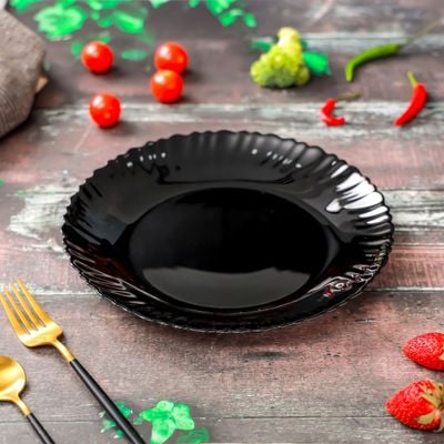 Royalford 9.5" Opalware Flat Plate- RF11903/ Black-Wave Series, Elegant Color/ Perfect for Entrees, Pasta, Salads, Desserts, Sandwiches, Steaks, Main Course Meals/ Lightweight Flatware, Serveware, Dishwasher-Safe and Microwave Safe / Black