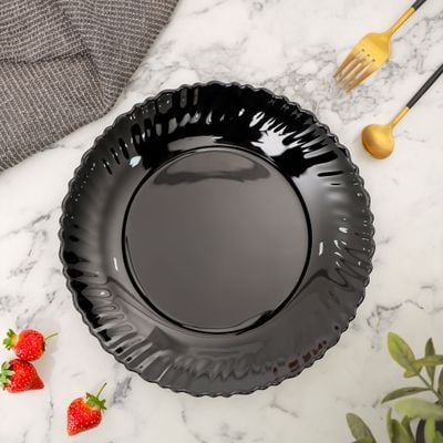 Royalford 9.5" Opalware Flat Plate- RF11903/ Black-Wave Series, Elegant Color/ Perfect for Entrees, Pasta, Salads, Desserts, Sandwiches, Steaks, Main Course Meals/ Lightweight Flatware, Serveware, Dishwasher-Safe and Microwave Safe / Black