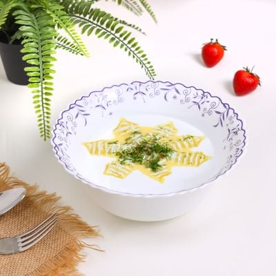 Royalford 9.0" Opalware Serving Bowl- RF12235|White Bowl with Elegant Floral Print, Non-Toxic and Hygienic| Food-Grade Material, Dishwasher and Microwave Safe| Perfect for Serving Appetizer, Snack, Dessert, Sushi, Salad, Pasta, Fish, Rice, Etc.